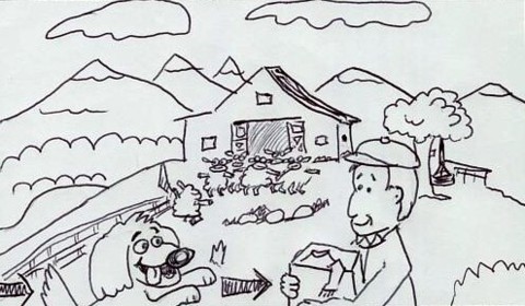 Title appears. Farmer Handley and Sam the Dog enter left. The Sheep do knee bends.